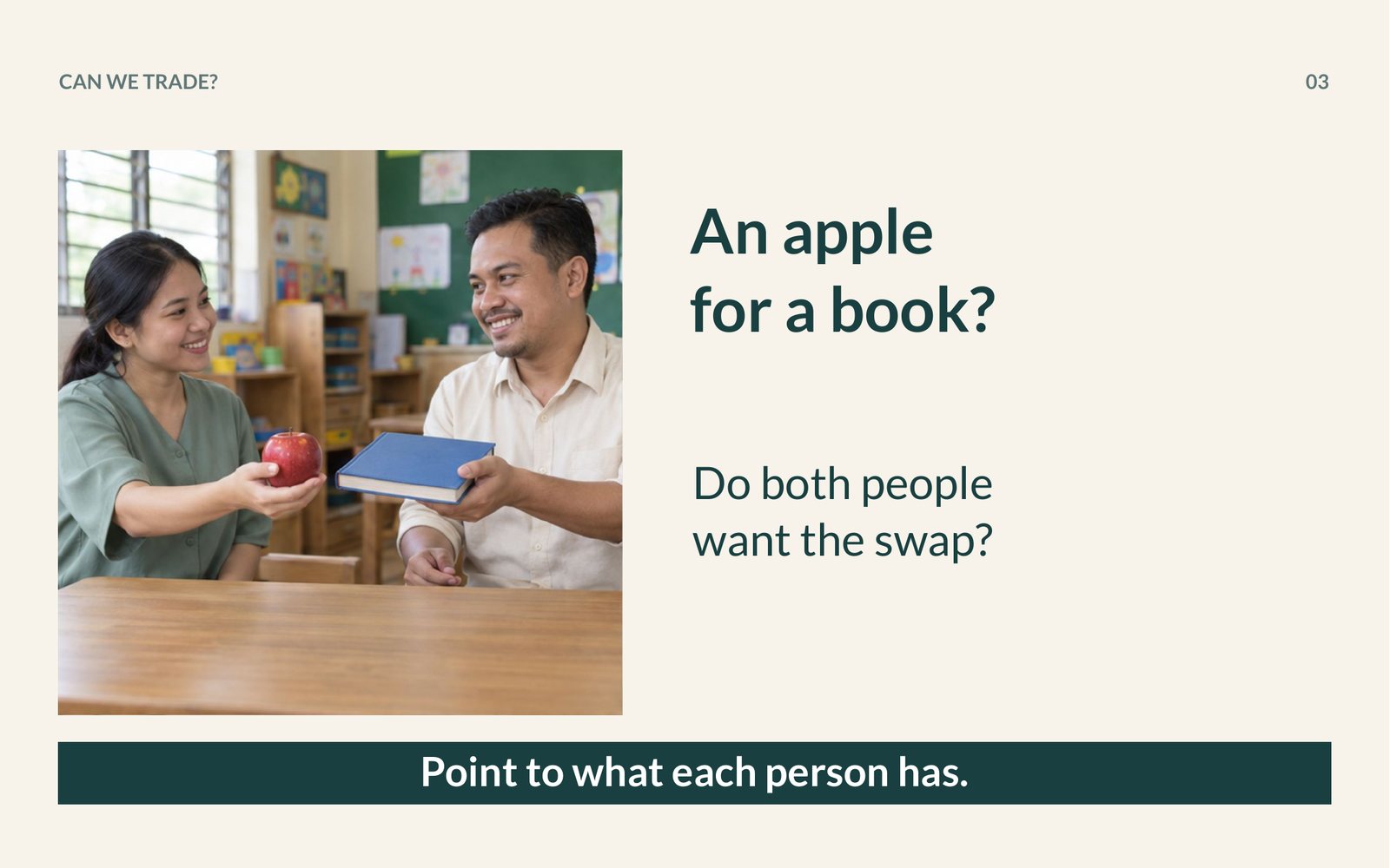 Week 1 slide: An apple for a book? Do both people want the swap?