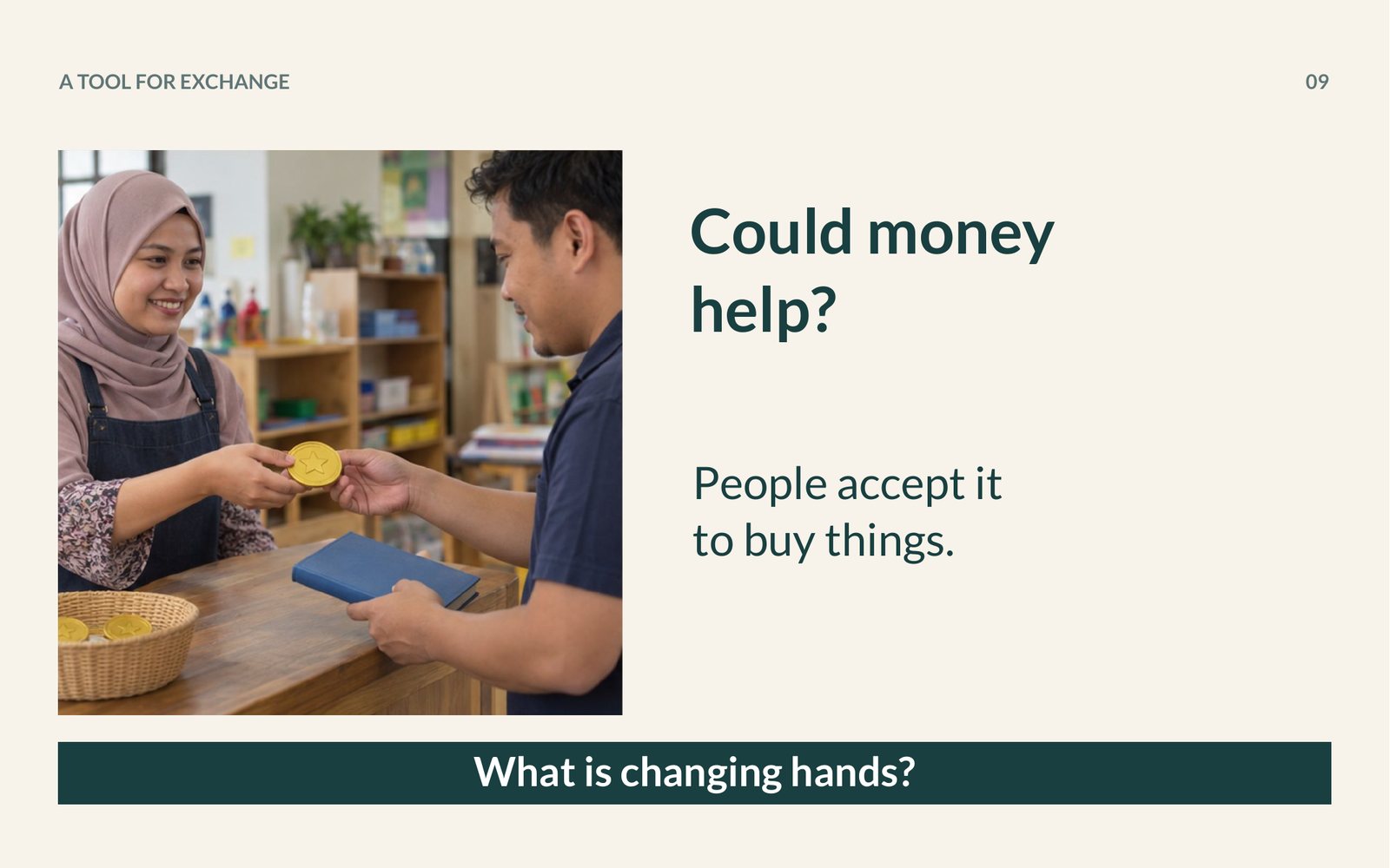 Week 1 slide: Could money help? People accept it to buy things.